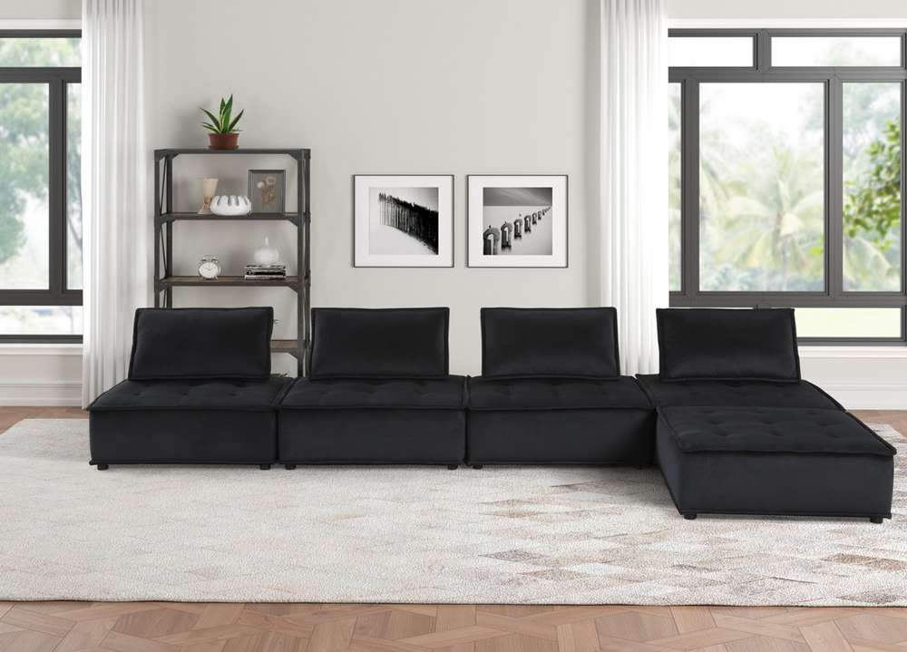 Lilola Home - Anna Black Velvet 5 Pc Sectional Sofa Ottoman - 81402-5A veiw 1