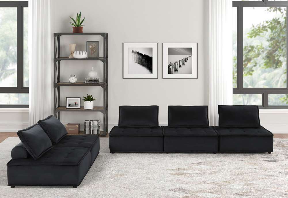 Lilola Home - Anna Black Velvet 5 Pc Sectional Sofa Ottoman - 81402-5A veiw 5