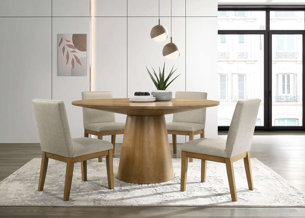 Lilola Home - Jasper Driftwood Finish 5 Piece 59in Wide Contemporary Round Dining Table Set with Beige Fabric Chairs - 30018-1 veiw 1