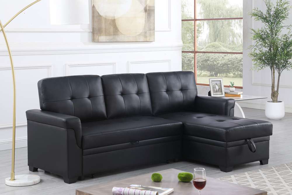 Lilola Home Lexi Black Synthetic Leather Modern Reversible Sleeper Sectional Sofa with Storage Chaise  - 81347 veiw 1