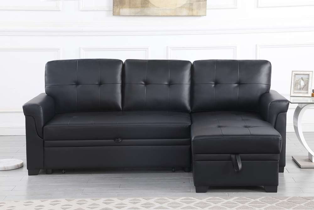Lilola Home Lexi Black Synthetic Leather Modern Reversible Sleeper Sectional Sofa with Storage Chaise  - 81347 veiw 3