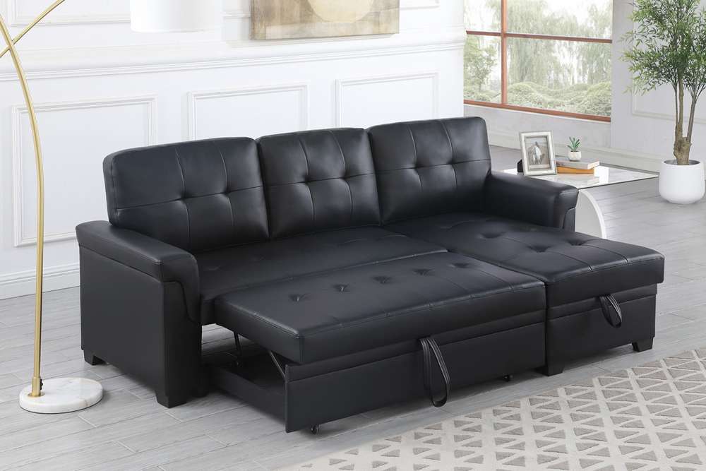 Lilola Home Lexi Black Synthetic Leather Modern Reversible Sleeper Sectional Sofa with Storage Chaise  - 81347 veiw 4