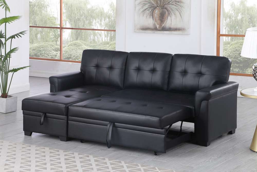 Lilola Home Lexi Black Synthetic Leather Modern Reversible Sleeper Sectional Sofa with Storage Chaise  - 81347 veiw 5