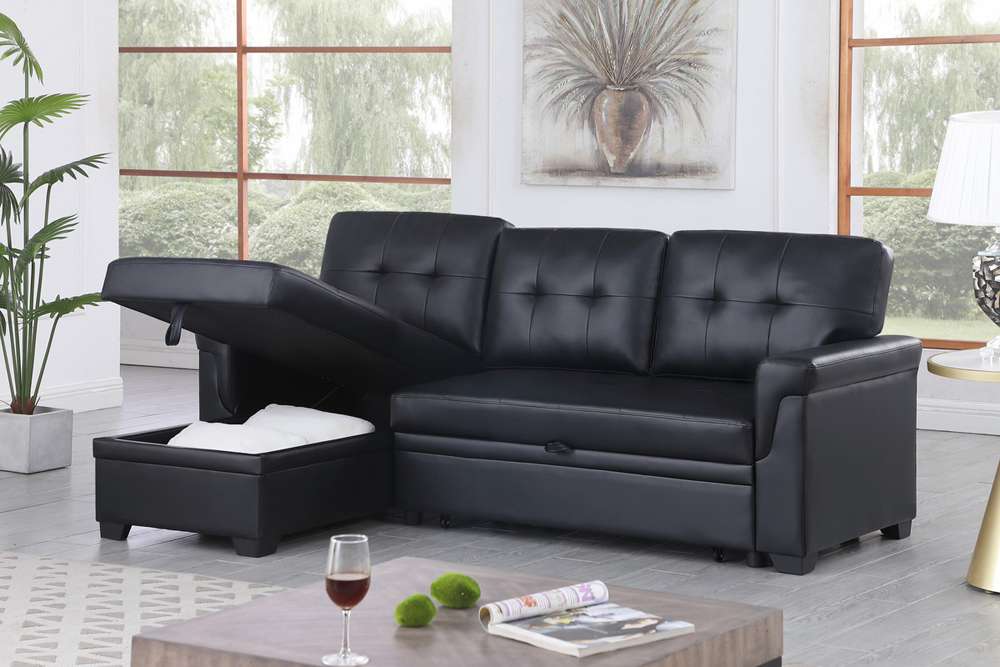 Lilola Home Lexi Black Synthetic Leather Modern Reversible Sleeper Sectional Sofa with Storage Chaise  - 81347 veiw 6