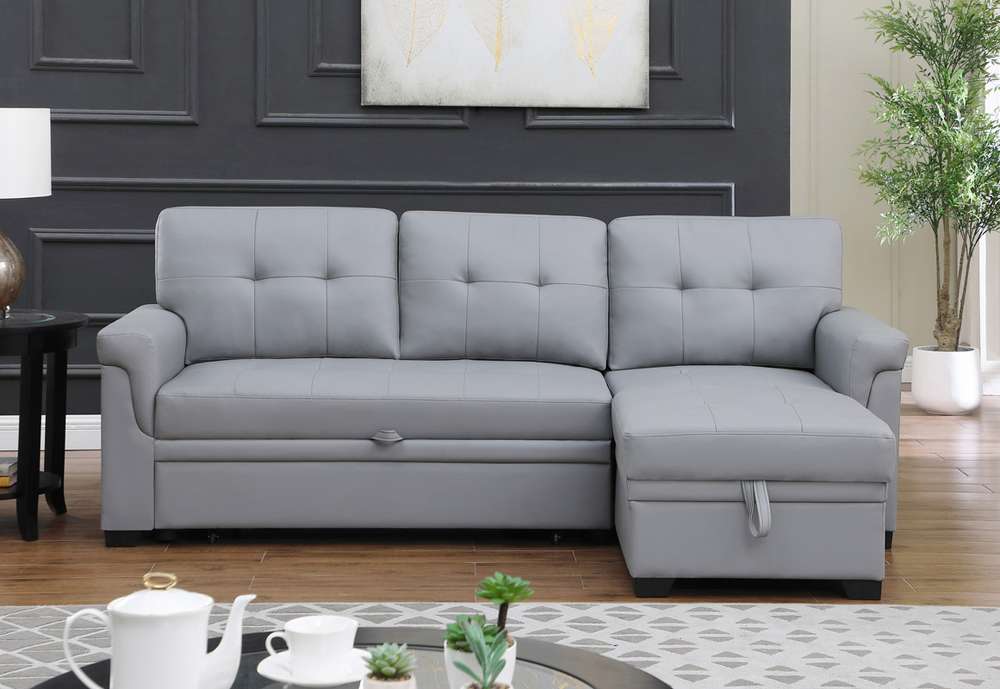 Lilola Home Lexi Gray Synthetic Leather Modern Reversible Sleeper Sectional Sofa with Storage Chaise  - 81346 veiw 3