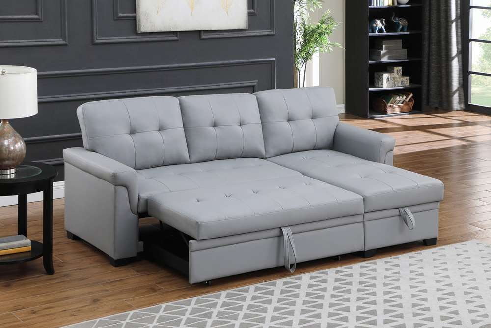 Lilola Home Lexi Gray Synthetic Leather Modern Reversible Sleeper Sectional Sofa with Storage Chaise  - 81346 veiw 4