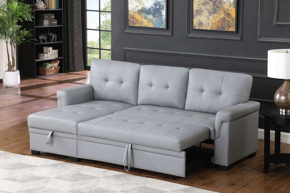 Lilola Home Lexi Gray Synthetic Leather Modern Reversible Sleeper Sectional Sofa with Storage Chaise  - 81346 veiw 5