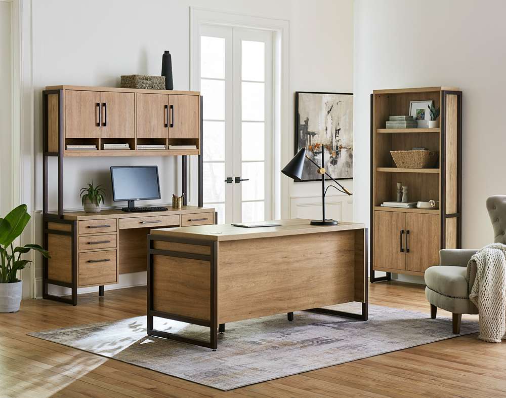 Martin Furniture- Mason- Modern Wood Laminate Double Pedestal Executive Desk, Writing Table, Office Desk With Drawers, Light Brown -MNM680 veiw 3