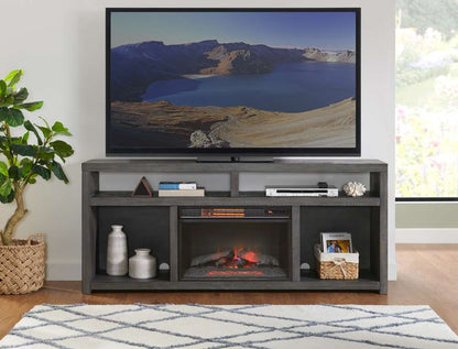 Martin Svensson Home -  Lexington Rectangular 70in Solid Wood TV Stand, Grey with Fireplace - 903029F veiw 2