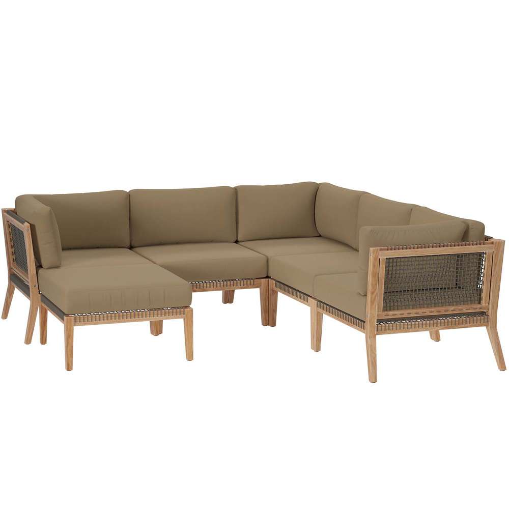 Modway - Clearwater Outdoor Patio Teak Wood 6-Piece Sectional Sofa - EEI-6124-GRY-LBR veiw 2