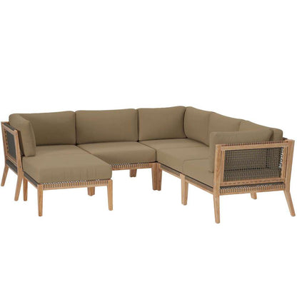 Modway - Clearwater Outdoor Patio Teak Wood 6-Piece Sectional Sofa - EEI-6124-GRY-LBR veiw 2