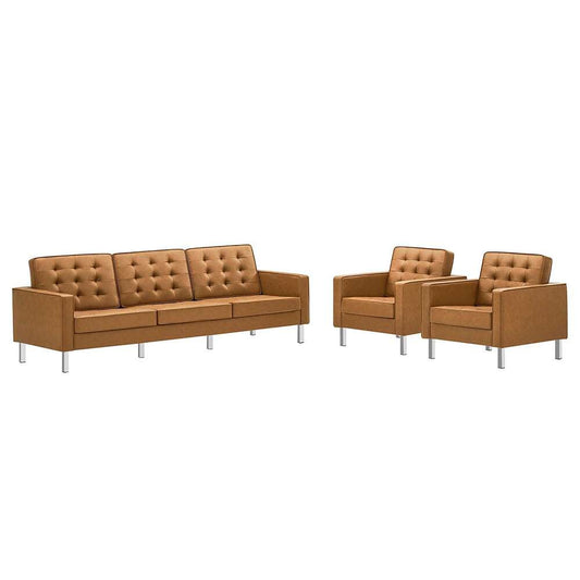 Modway - Loft Tufted Vegan Leather 3-Piece Furniture Set in Silver Tan - EEI-4105-SLV-TAN-SET veiw 1