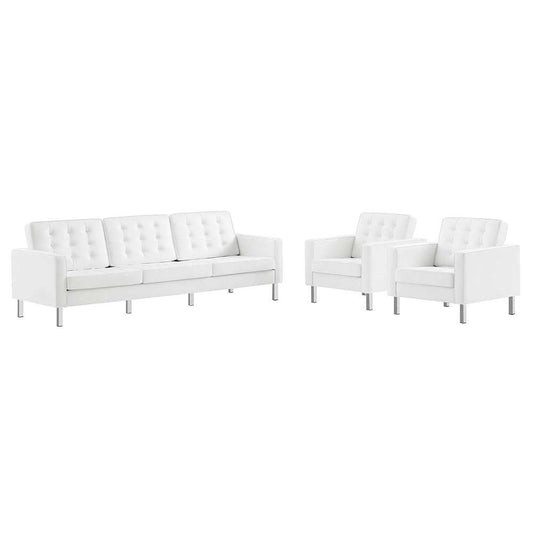Modway - Loft Tufted Vegan Leather 3-Piece Furniture Set in Silver White - EEI-4105-SLV-WHI-SET veiw 1