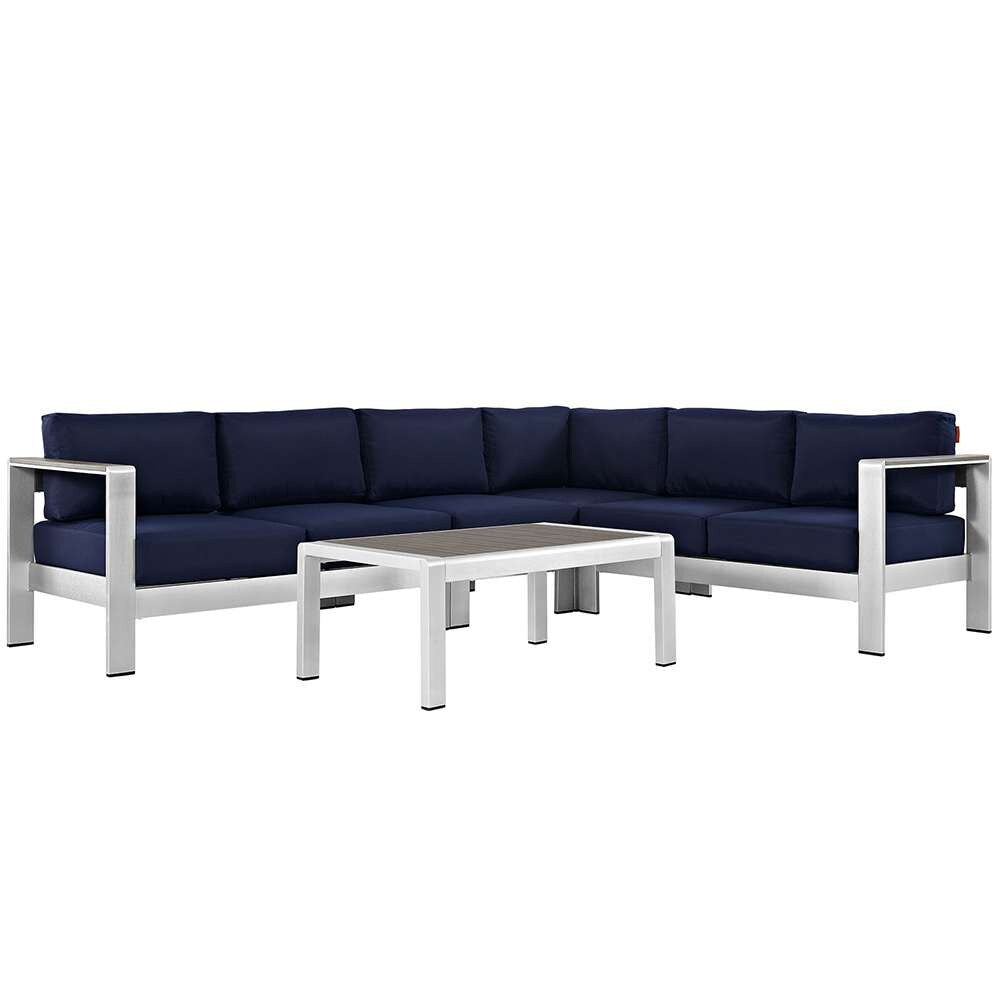 Modway - Shore 5 Piece Outdoor Patio Aluminum Sectional Sofa Set - EEI-2557-SLV-NAV veiw 1