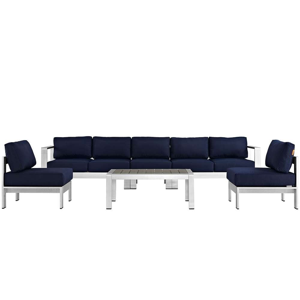 Modway - Shore 6 Piece Outdoor Patio Aluminum Sectional Sofa Set - EEI-2565-SLV-NAV veiw 1