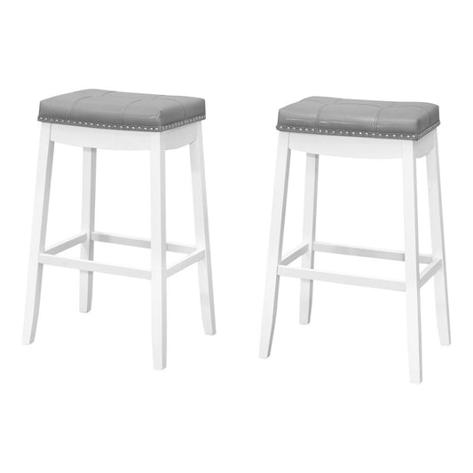 Monarch Specialties - Bar Stool, (Set of 2) Bar Height, Saddle Seat, Wood, Pu Leather Look, White, Grey, Transitional - I-1262 veiw 1