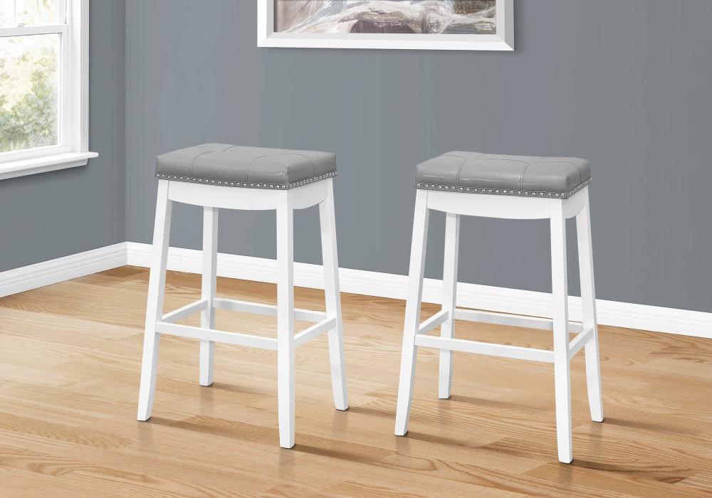 Monarch Specialties - Bar Stool, (Set of 2) Bar Height, Saddle Seat, Wood, Pu Leather Look, White, Grey, Transitional - I-1262 veiw 2