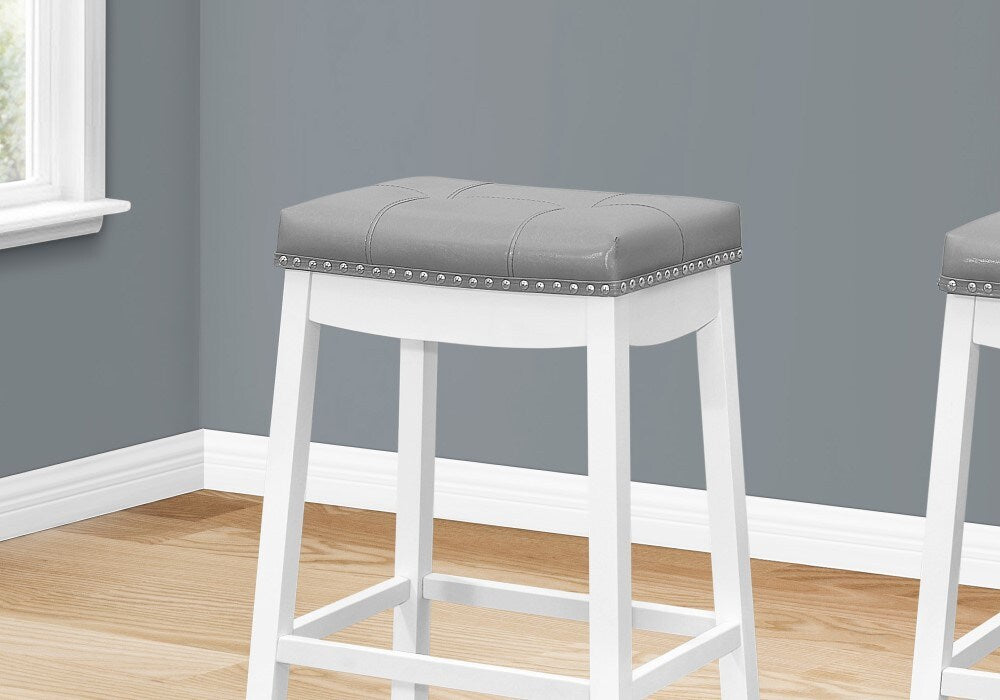 Monarch Specialties - Bar Stool, (Set of 2) Bar Height, Saddle Seat, Wood, Pu Leather Look, White, Grey, Transitional - I-1262 veiw 3