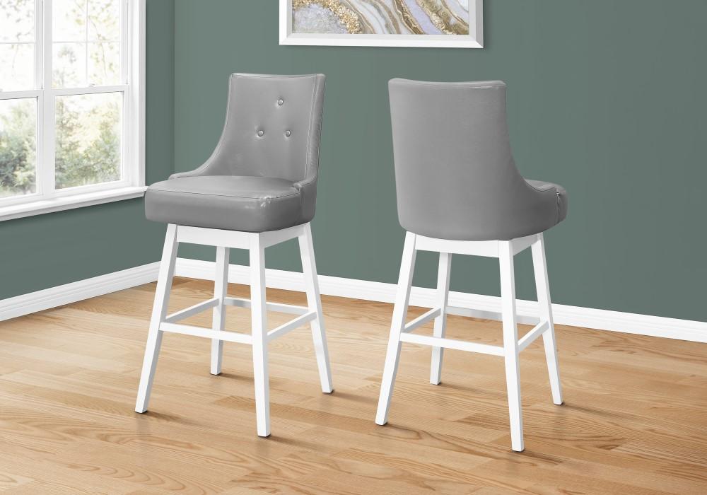 Monarch Specialties - Bar Stool, (Set of 2) Swivel, Bar Height, Wood, Pu Leather Look, Grey, White, Transitional - I-1243 veiw 2
