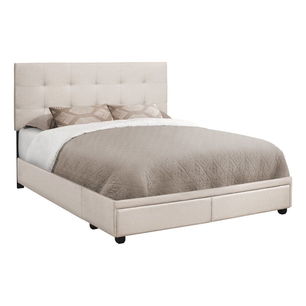 Monarch Specialties - Bed, Queen Size, Platform, Bedroom, Frame, Upholstered, Linen Look, Wood Legs, Beige, Black, Transitional - I-6021Q veiw 1