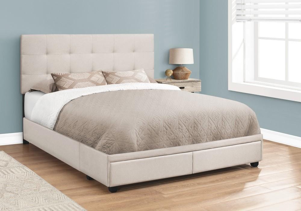 Monarch Specialties - Bed, Queen Size, Platform, Bedroom, Frame, Upholstered, Linen Look, Wood Legs, Beige, Black, Transitional - I-6021Q veiw 2