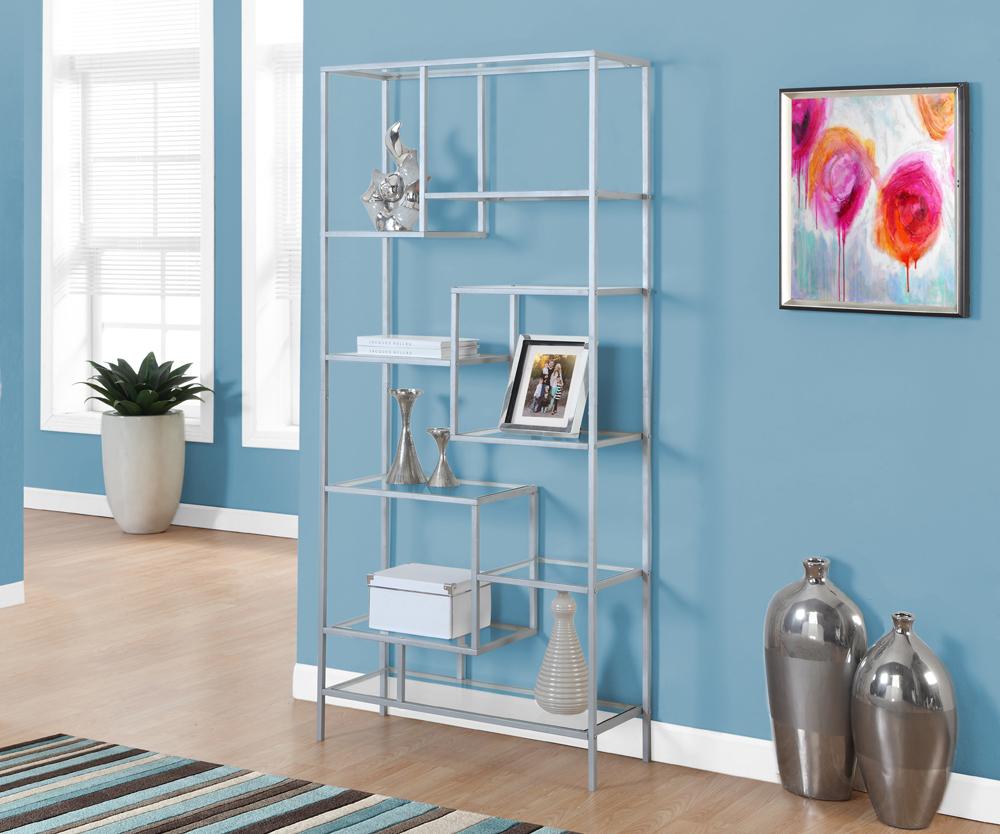Monarch Specialties - Bookshelf, Bookcase, Etagere, 72inH, Office, Bedroom, Metal, Tempered Glass, Grey, Clear, Contemporary, Modern - I-7158 veiw 1