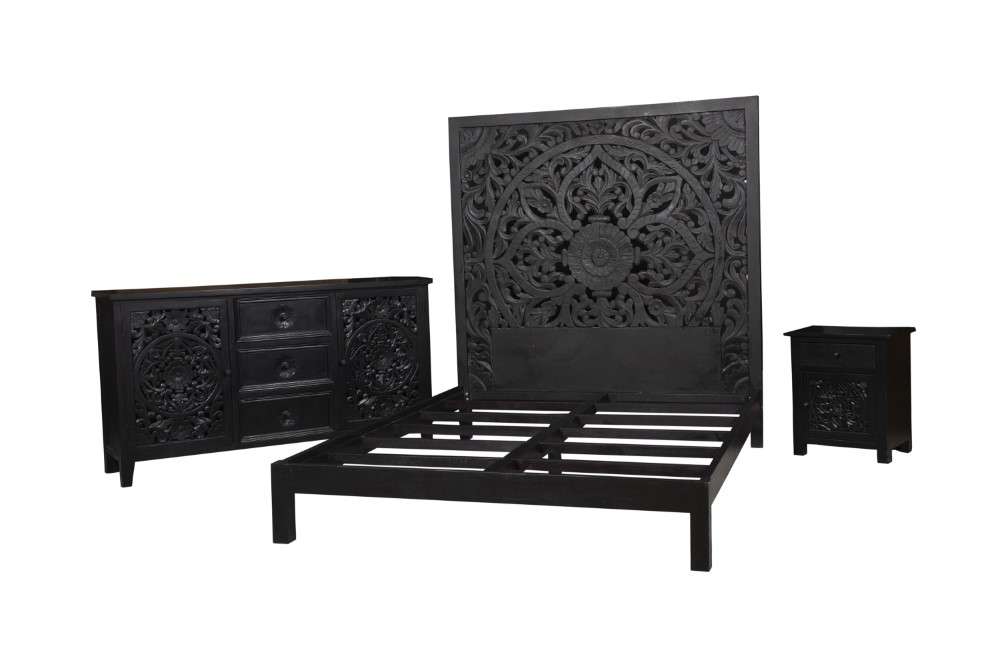 Porter Designs -  Bali Solid Hand Carved Wood Queen Bed, Black - 04-196-14-CBDB-KIT veiw 5