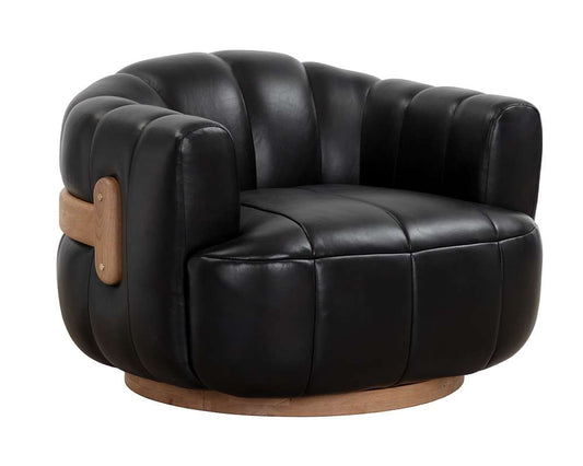 Sunpan - Tadeo Swivel Lounge Chair - Rustic Oak Wood - Vintage Black Night Leather - 111079 veiw 1