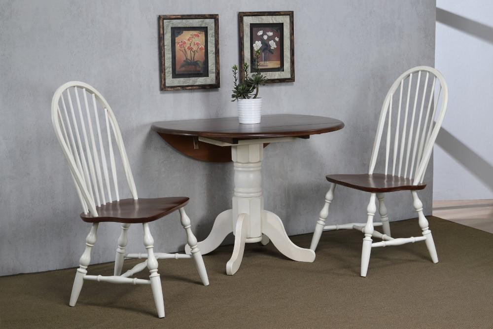 Sunset Trading - Andrews 3 Piece 42 Round Drop Leaf Dining Set In Antique White With Chestnut Top Spindleback Chairs - DLU-ADW4242-C30-CT3PC veiw 3