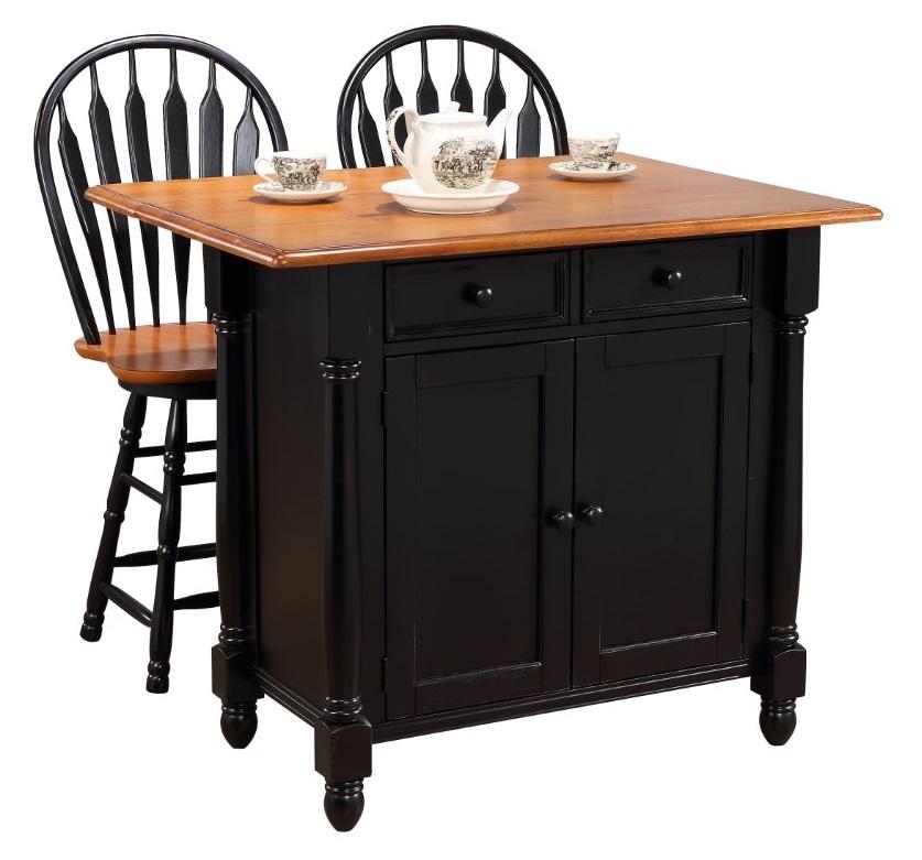 Sunset Trading - Black Cherry Selections Antique Black With Cherry Drop Leaf Kitchen Island With 2 Swivel Stools Breakfast Bar Drawers Storage - DLU-KI-4222-B24-BCH3PC veiw 1