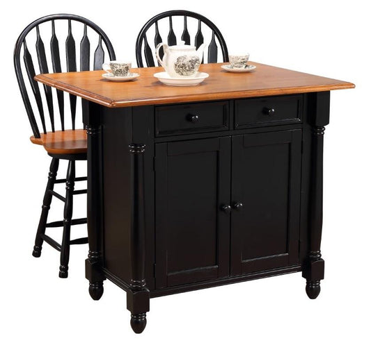 Sunset Trading - Black Cherry Selections Antique Black With Cherry Drop Leaf Kitchen Island With 2 Swivel Stools Breakfast Bar Drawers Storage - DLU-KI-4222-B24-BCH3PC veiw 1