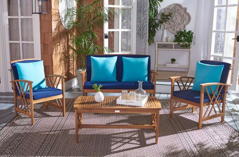 Safavieh - Fontana 4 Pc Outdoor Set - Natural - Nvy+Solid Plw - PAT7008C veiw 1