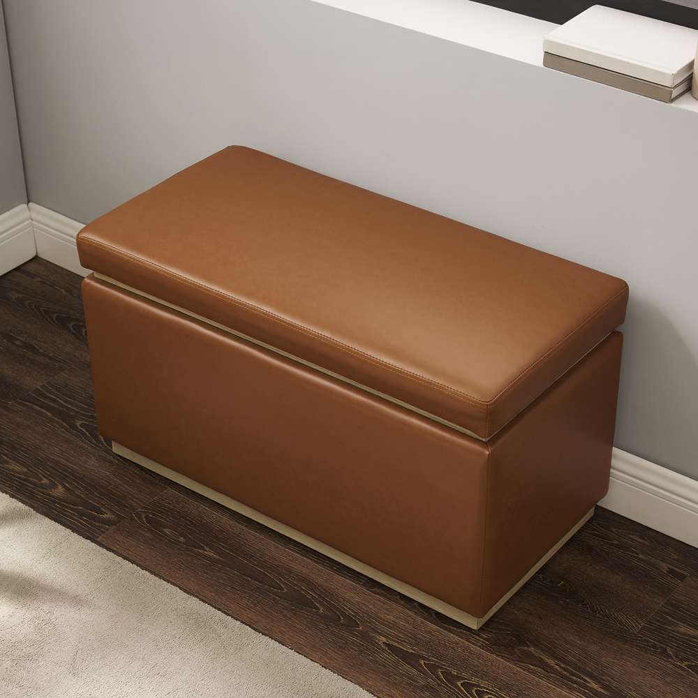 Linon Home Decor - Blanche Rectangle Storage Ottoman, Caramel Faux Leather - ST014CARPU01ASU veiw 11