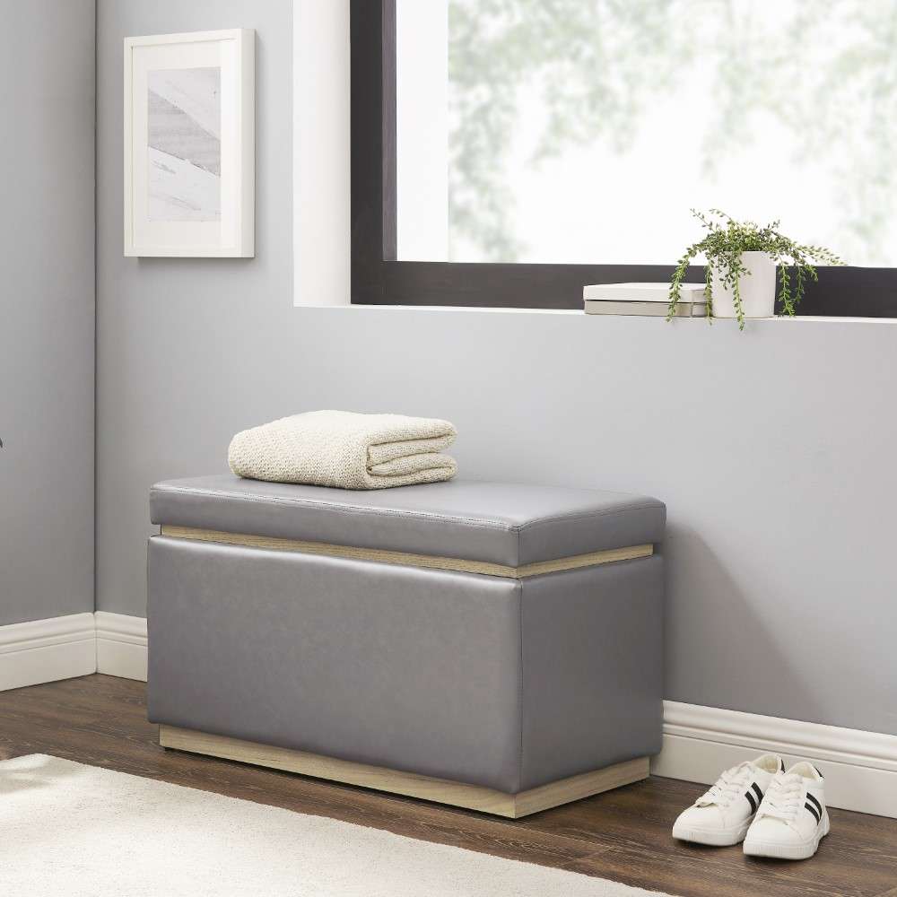 Linon Home Decor - Blanche Rectangle Storage Ottoman, Gray Faux Leather - ST014GRYPU01ASU veiw 9