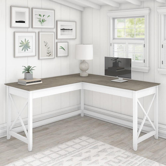 Bush Furniture - Key West 60W L Shaped Desk in Pure White and Shiplap Gray - KWD160G2W-03 veiw 2