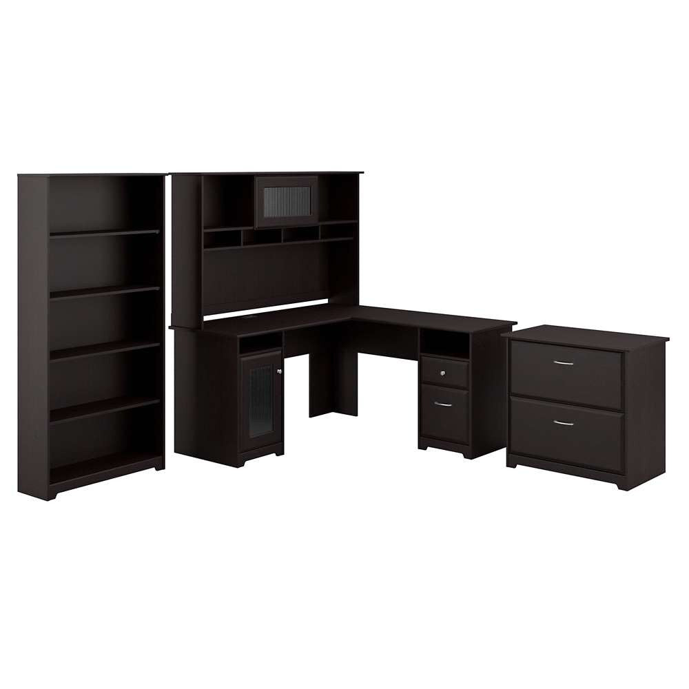 Bush Furniture - Cabot L Shaped Desk with Hutch, Lateral File Cabinet and 5 Shelf Bookcase in Espresso Oak - CAB010EPO veiw 1