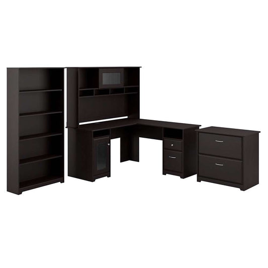 Bush Furniture - Cabot L Shaped Desk with Hutch, Lateral File Cabinet and 5 Shelf Bookcase in Espresso Oak - CAB010EPO veiw 1