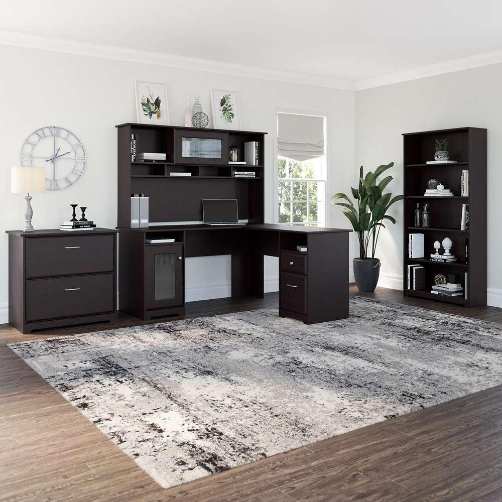 Bush Furniture - Cabot L Shaped Desk with Hutch, Lateral File Cabinet and 5 Shelf Bookcase in Espresso Oak - CAB010EPO veiw 2