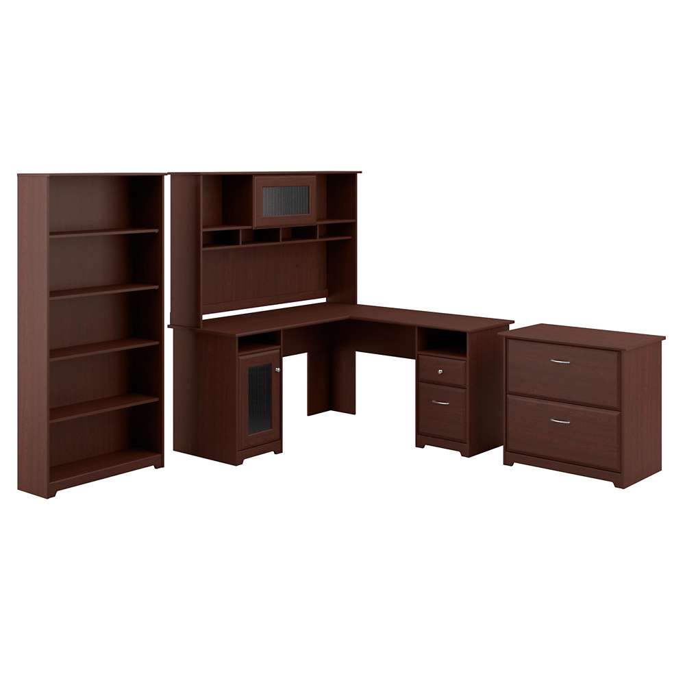 Bush Furniture - Cabot L Shaped Desk with Hutch, Lateral File Cabinet and 5 Shelf Bookcase in Harvest Cherry - CAB010HVC veiw 1