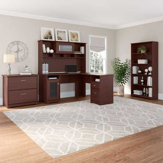 Bush Furniture - Cabot L Shaped Desk with Hutch, Lateral File Cabinet and 5 Shelf Bookcase in Harvest Cherry - CAB010HVC veiw 2