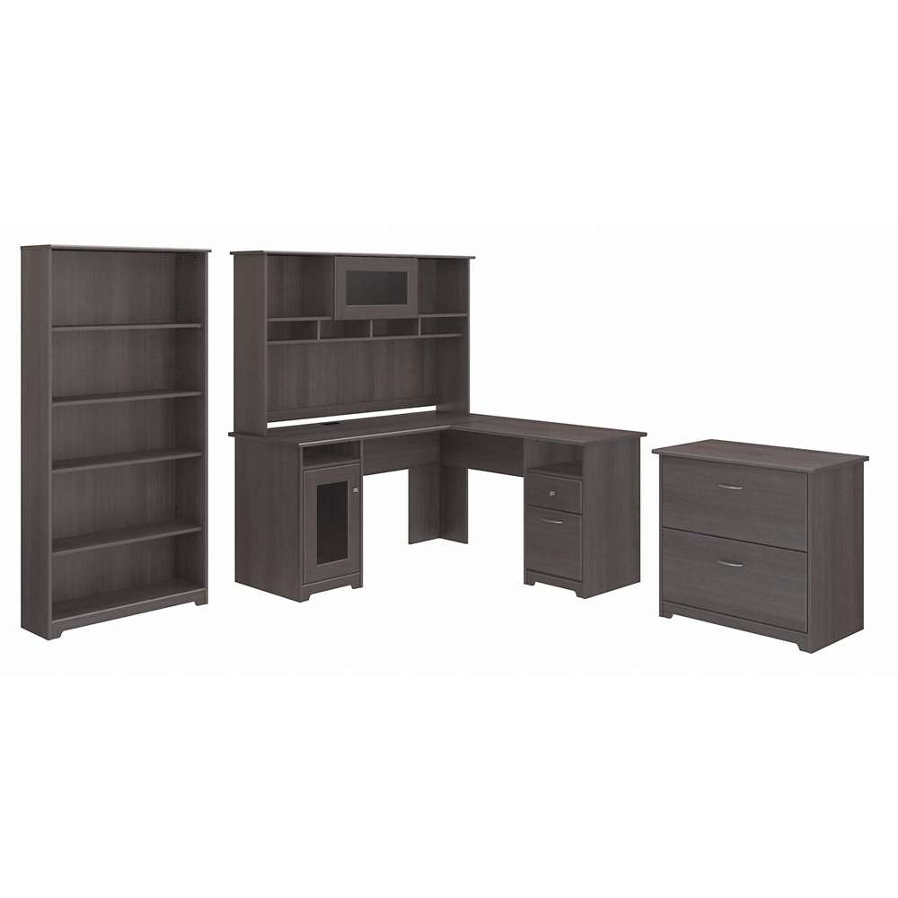Bush Furniture - Cabot L Shaped Desk with Hutch, Lateral File Cabinet and 5 Shelf Bookcase in Heather Gray - CAB010HRG veiw 1