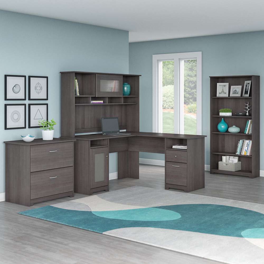 Bush Furniture - Cabot L Shaped Desk with Hutch, Lateral File Cabinet and 5 Shelf Bookcase in Heather Gray - CAB010HRG veiw 2