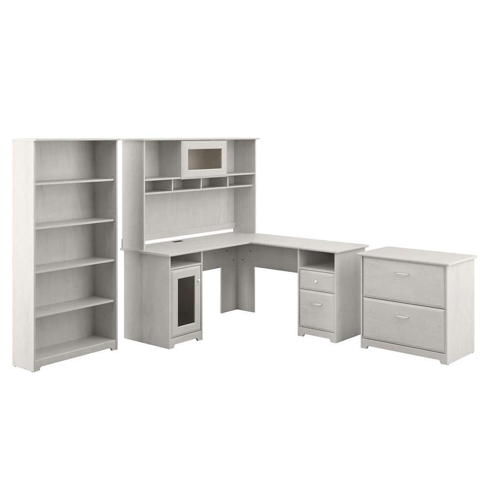 Bush Furniture - Cabot L Shaped Desk with Hutch, Lateral File Cabinet and 5 Shelf Bookcase in Linen White Oak - CAB010LW veiw 1