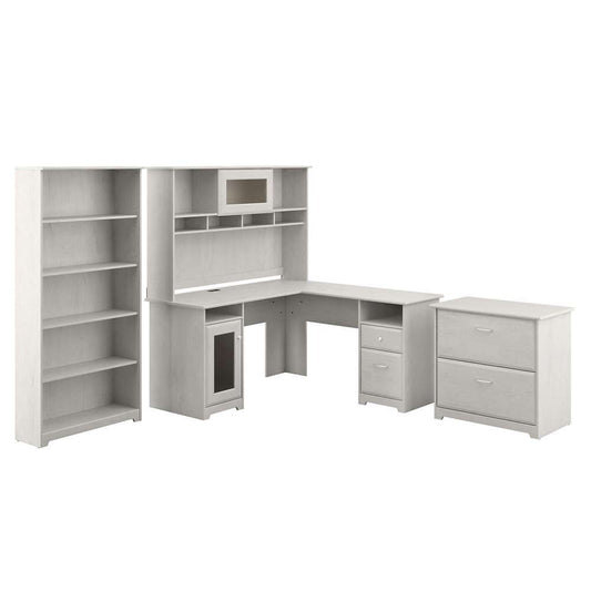 Bush Furniture - Cabot L Shaped Desk with Hutch, Lateral File Cabinet and 5 Shelf Bookcase in Linen White Oak - CAB010LW veiw 1
