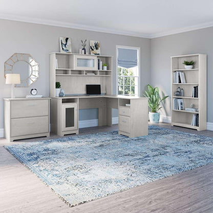 Bush Furniture - Cabot L Shaped Desk with Hutch, Lateral File Cabinet and 5 Shelf Bookcase in Linen White Oak - CAB010LW veiw 2