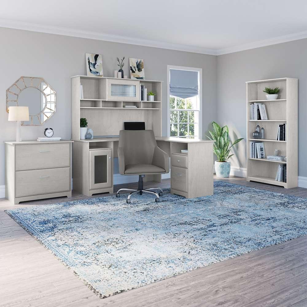 Bush Furniture - Cabot L Shaped Desk with Hutch, Lateral File Cabinet and 5 Shelf Bookcase in Linen White Oak - CAB010LW veiw 8