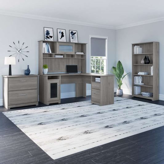 Bush Furniture - Cabot L Shaped Desk with Hutch, Lateral File Cabinet and 5 Shelf Bookcase in Modern Gray - CAB010MG veiw 2