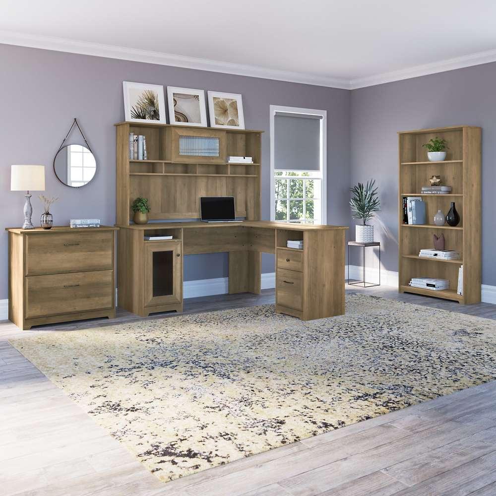 Bush Furniture - Cabot L Shaped Desk with Hutch, Lateral File Cabinet and 5 Shelf Bookcase in Reclaimed Pine - CAB010RCP veiw 2