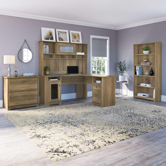 Bush Furniture - Cabot L Shaped Desk with Hutch, Lateral File Cabinet and 5 Shelf Bookcase in Reclaimed Pine - CAB010RCP veiw 2