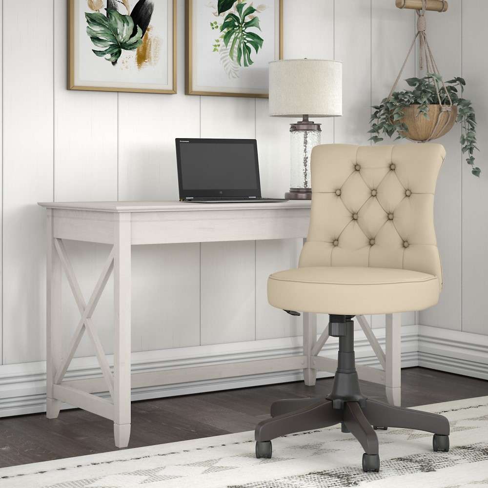 Bush Furniture - Key West 48W Writing Desk with Mid Back Tufted Office Chair in Linen White Oak - KWS021LW veiw 4